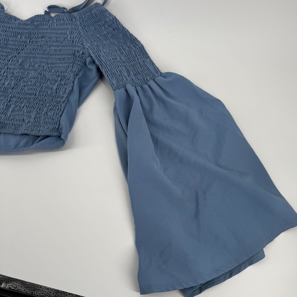 Boho Off Shoulder Bell Sleeve Smocked Crop Top Blue Grommet Detail Babydoll M - Picture 8 of 9